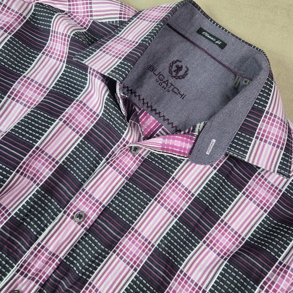 BUGATCHI Classic Fit Plaid Long Sleeve Button Up Shirt Men's Medium Pink Purple‎
